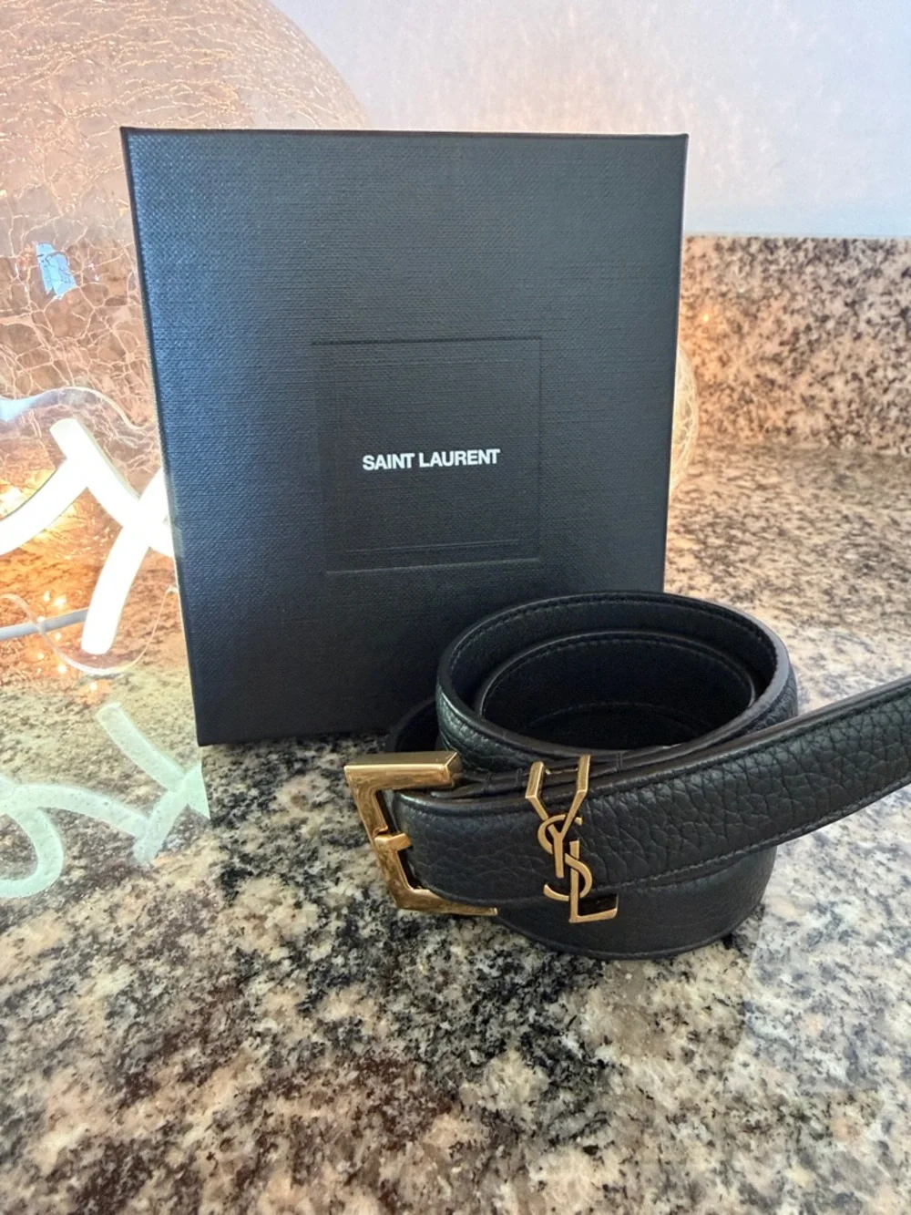 Yves Saint Laurent Cassandre Thin Belt in Grained Leather
